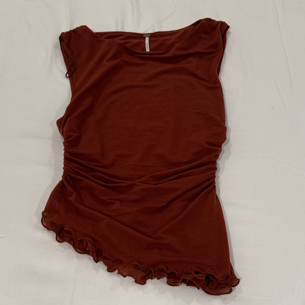 Rust Sleeveless Top with Ruffle Hem